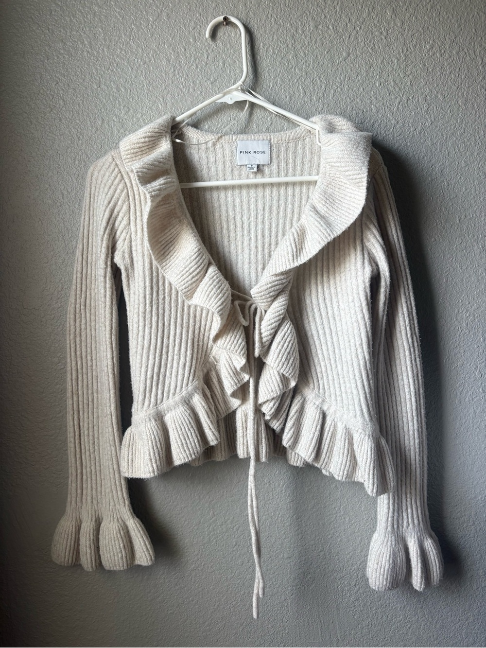 Pink Rose Cream Ruffle-Tie Ribbed Cardigan